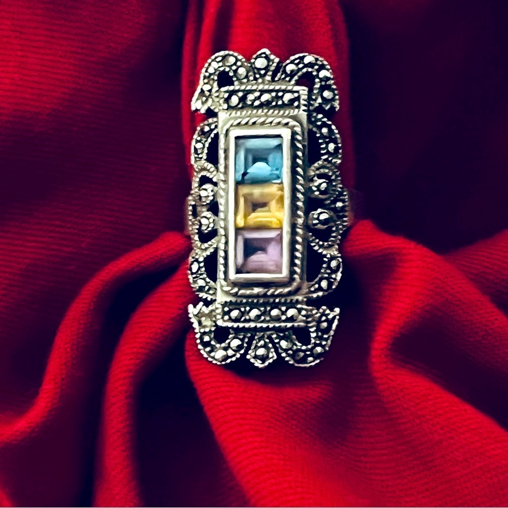 Vintage Sterling 925 Three Stone Art Deco Style Filigree Marcasites size 5.75